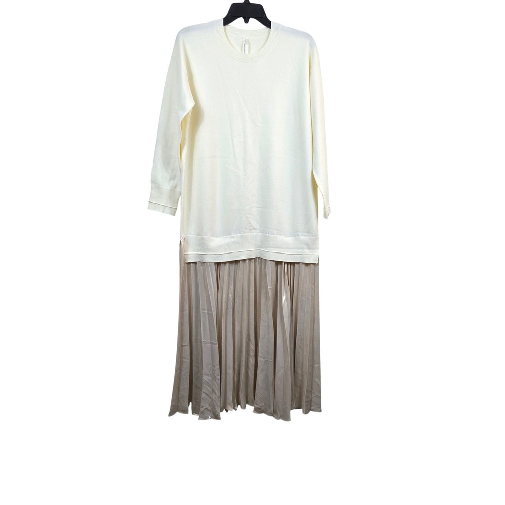 Anthropologie Womens Ivory Long-Sleeve Pleated Twofer Sweater Midi Dress Small